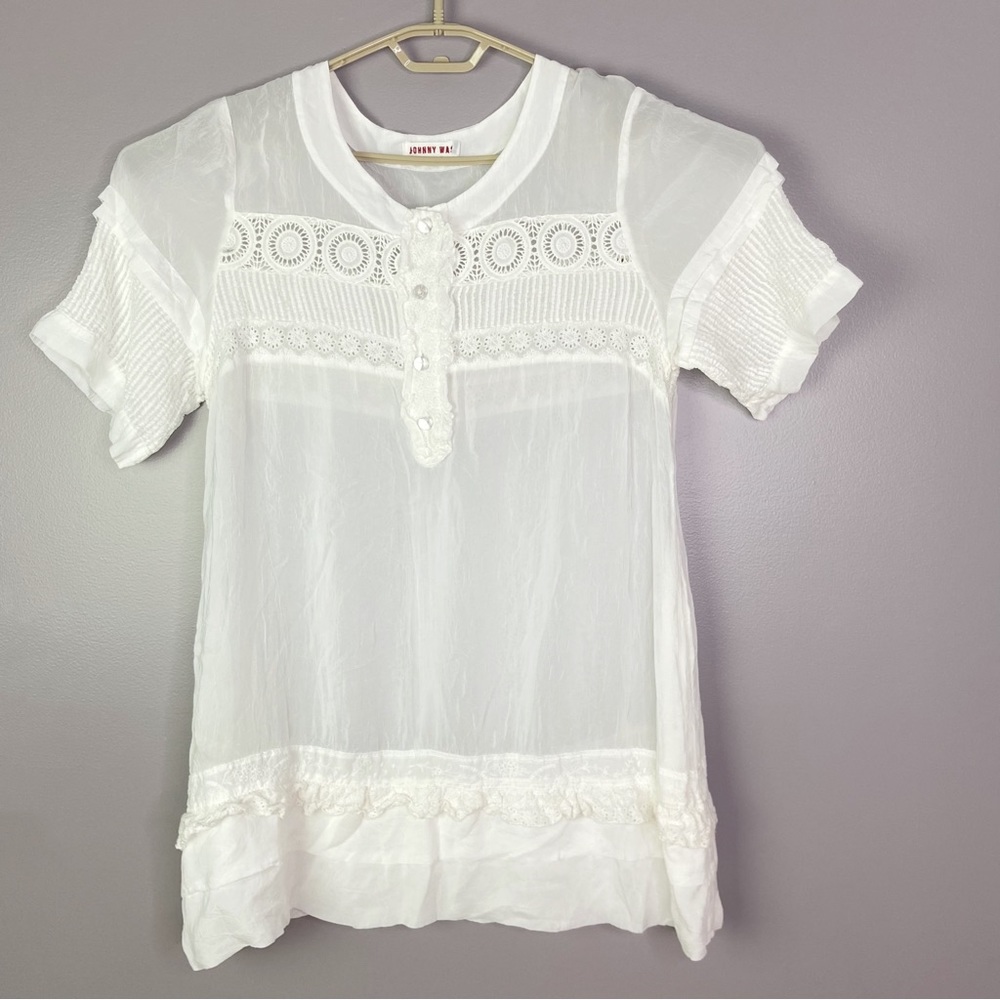 Johnny Was White Blouse Semi-Sheer Crochet Lace Short Sleeves Buttons Size Large - Picture 12 of 14